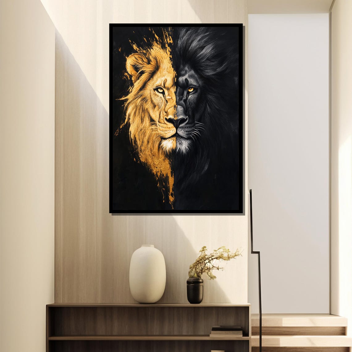 Dual Lion Face In Gold And Black Dramatic Split Portrait Art Poster - Image 4