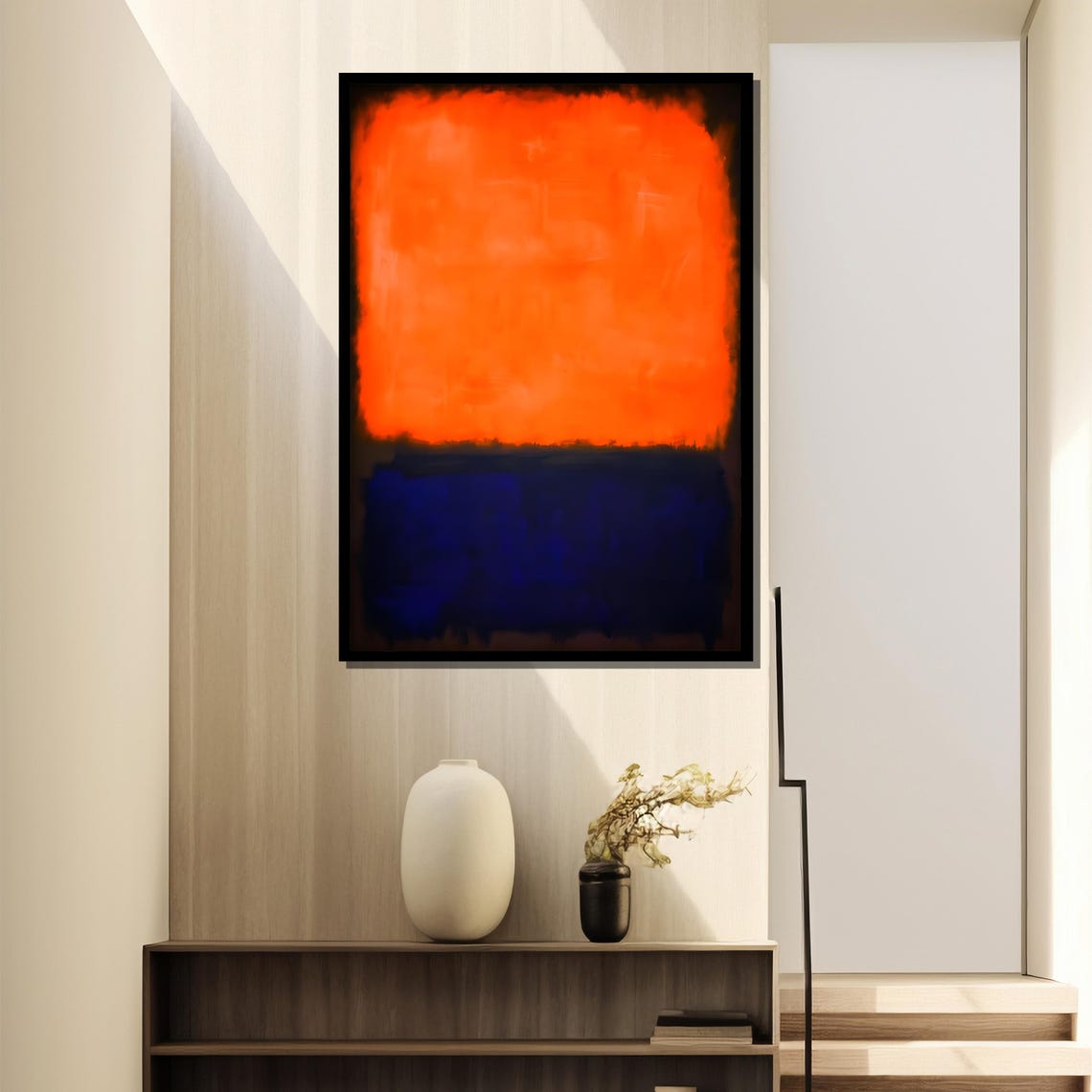Bright Tangerine Over Deep Midnight Blue Abstract Color Field Poster - Image 4