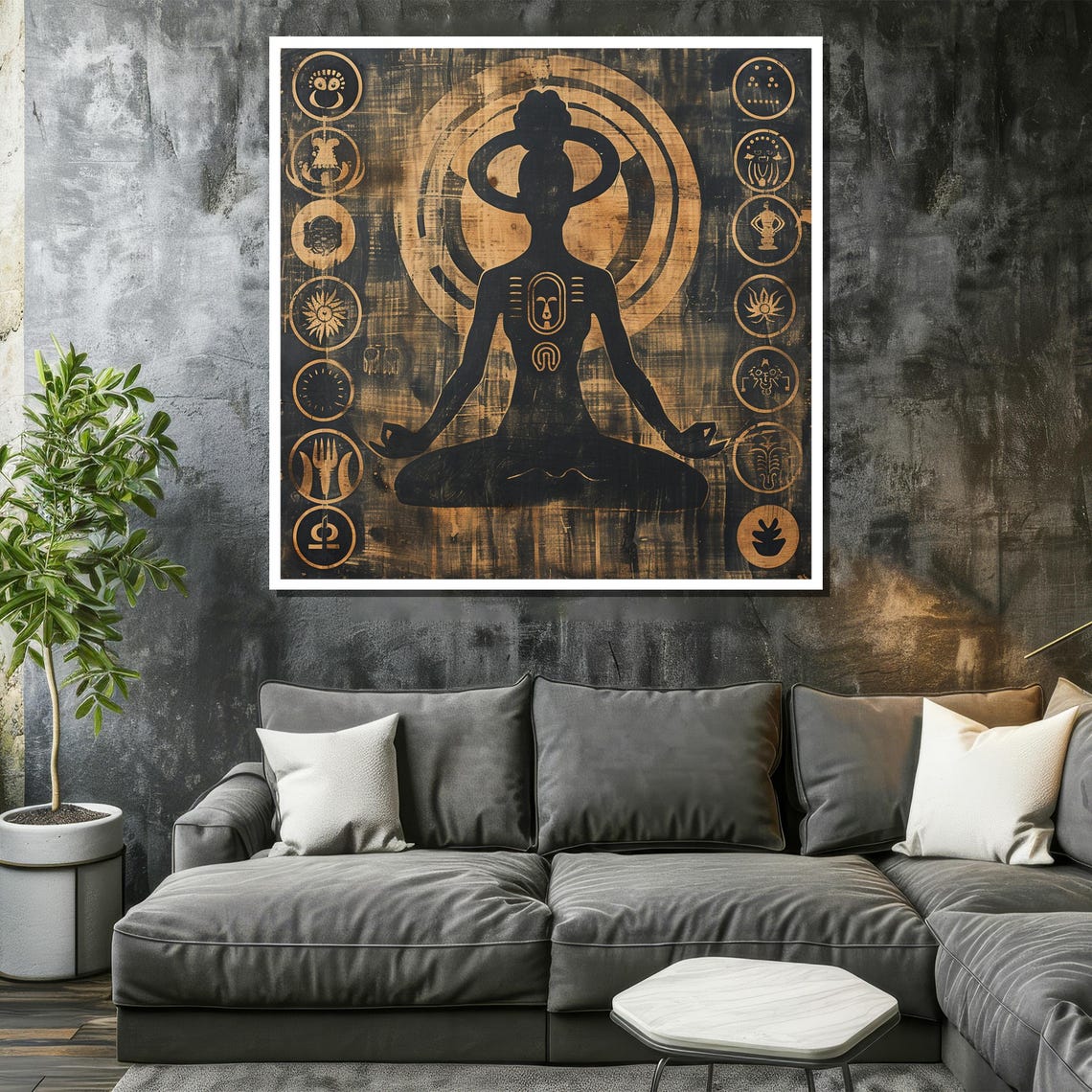 Golden Tribal Meditation Silhouette with Adinkra Symbols Poster - Image 2