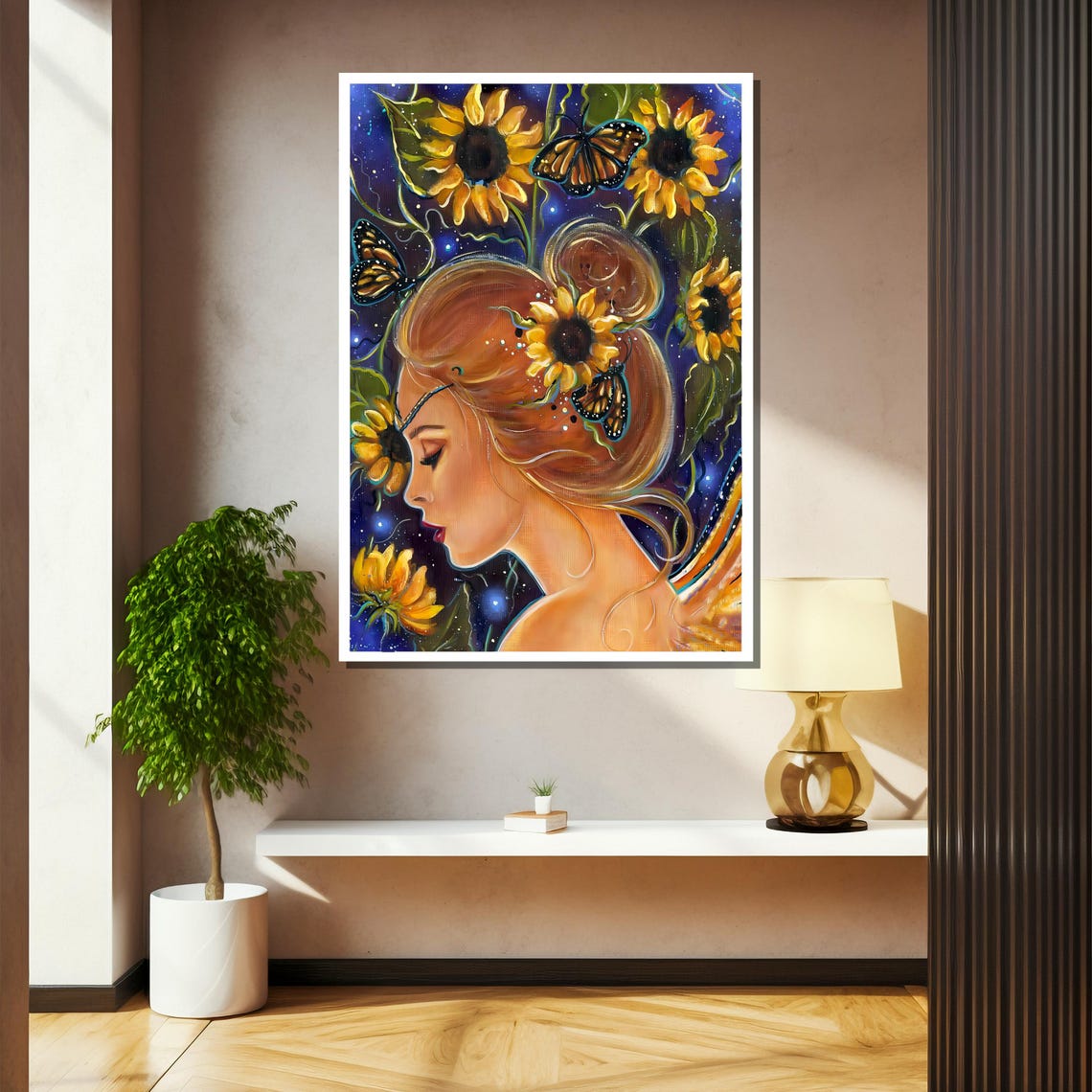 Sunflower Goddess with Butterflies Celestial Garden Portrait Poster - Image 2
