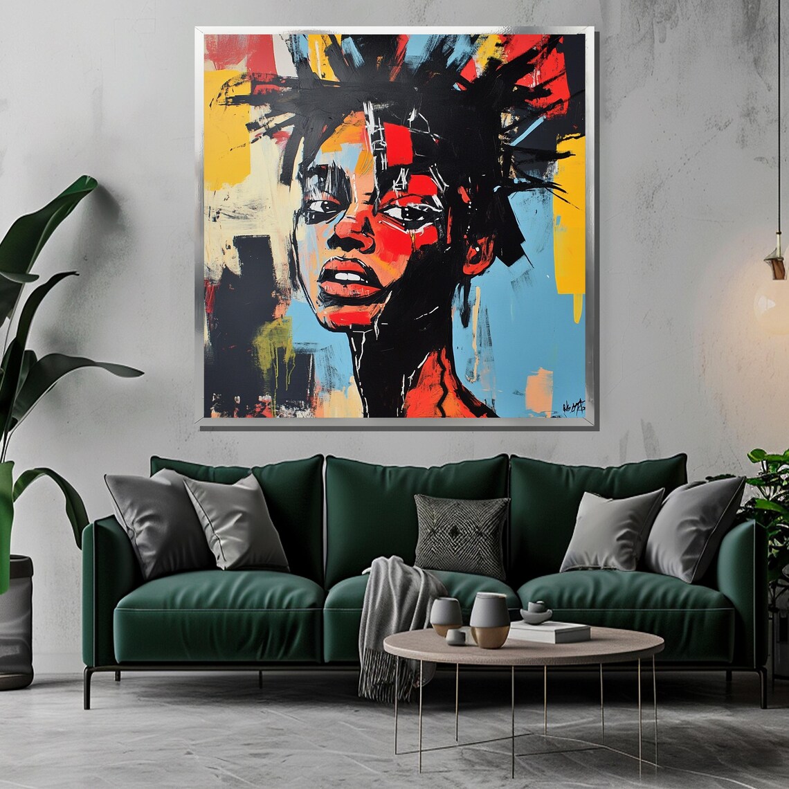 Basquiat-Inspired Expressionist Woman Portrait in Bold Red and Blue Poster - Image 3