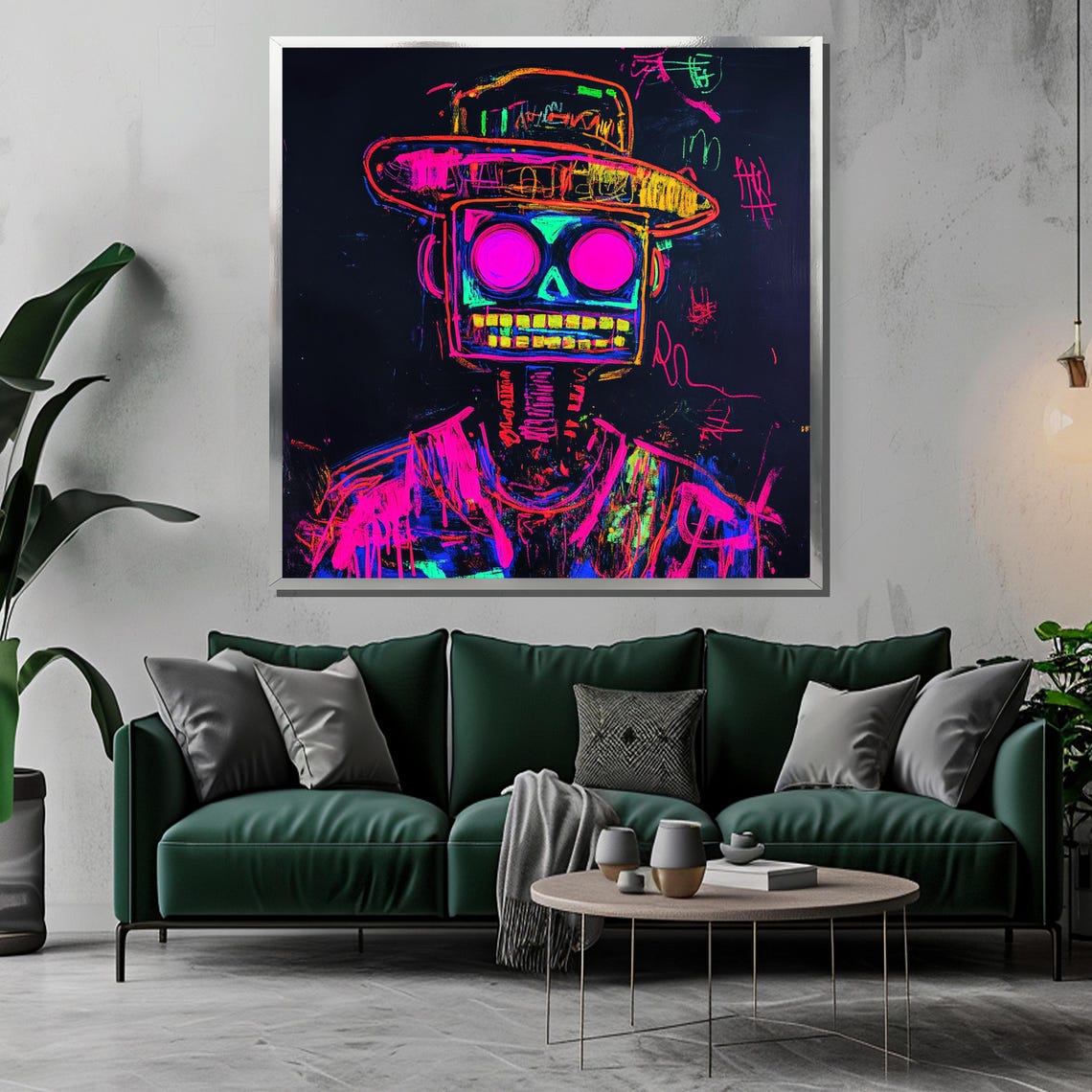 Glowing Neon Skull With Hat on Black Background Pop Art Poster - Image 3