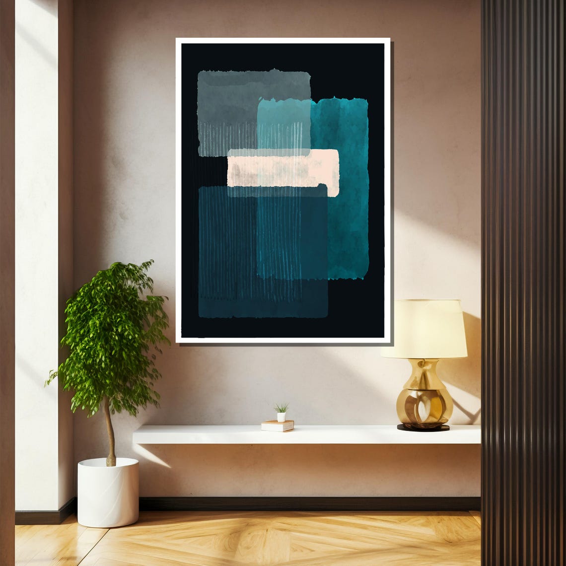 Modern Abstract Painting In Teal And Grey Tones Contemporary Geometric Design Art Gift For Stylish Home Decor - Image 2