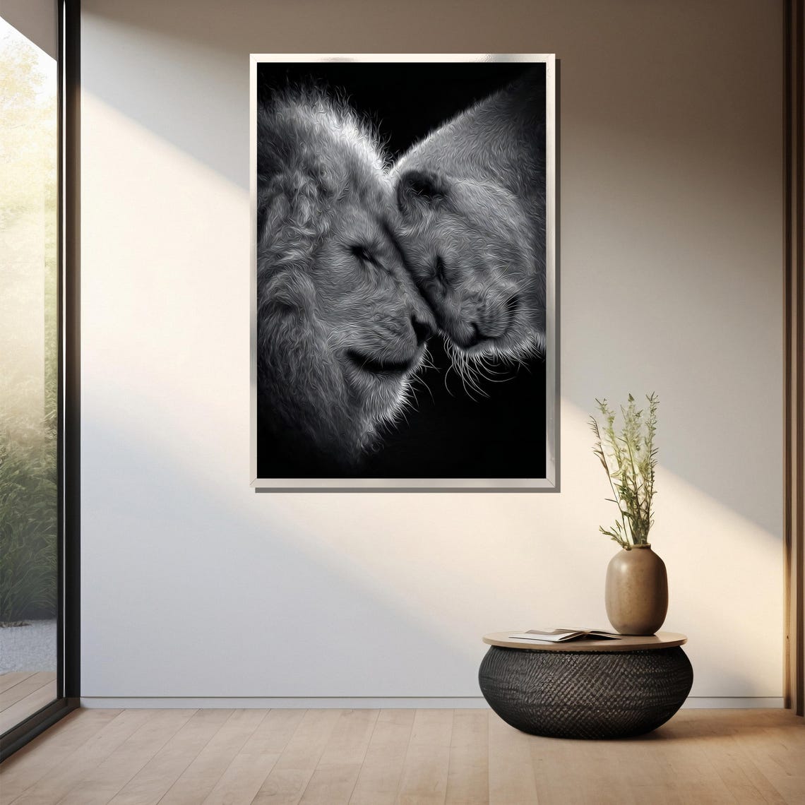 Nuzzling Lion Pair In Black And White Intimate Wildlife Art Poster - Image 3