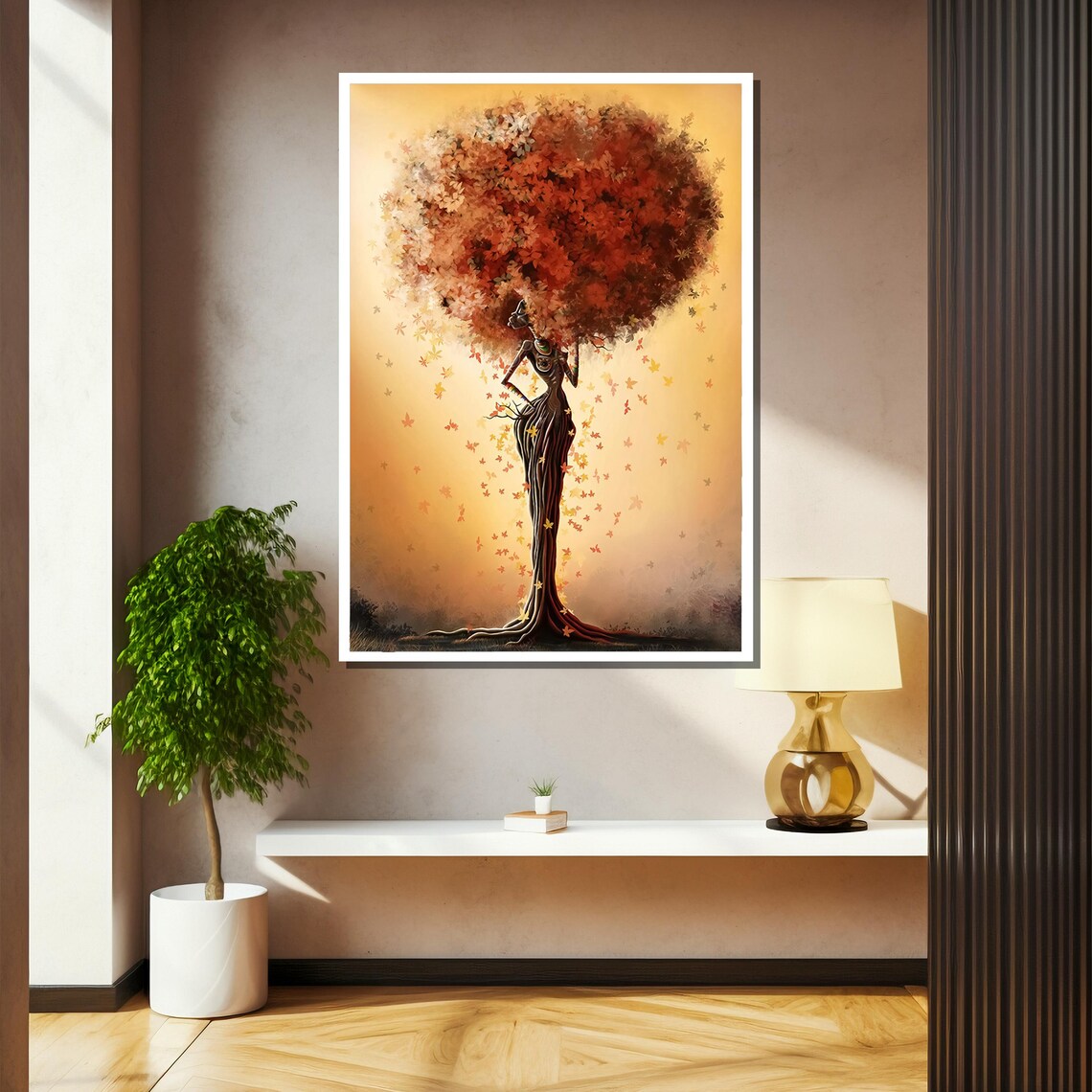 Elegant Autumn Tree Woman with Falling Leaves Nature Art Poster - Image 2