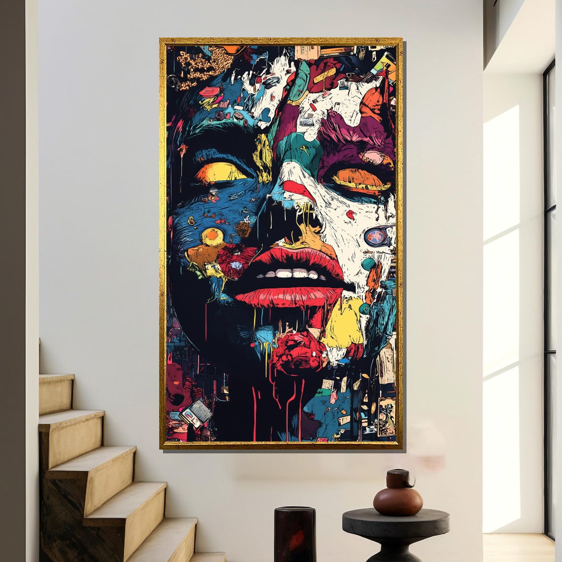 Abstract Pop Art Face Collage Blue Red Lips Street Style Poster