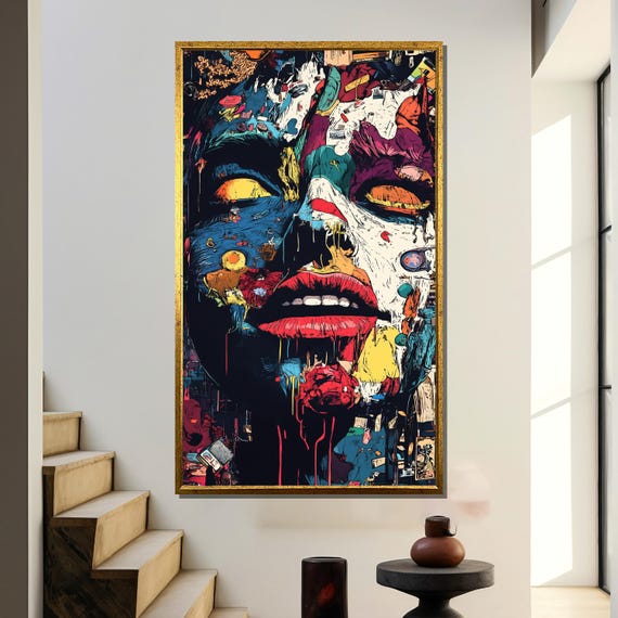 Abstract Expressionist Painting Surreal Pop Art Vibrant Modern Wall Decor Colorful Face Art Bold Statement Artwork Gift