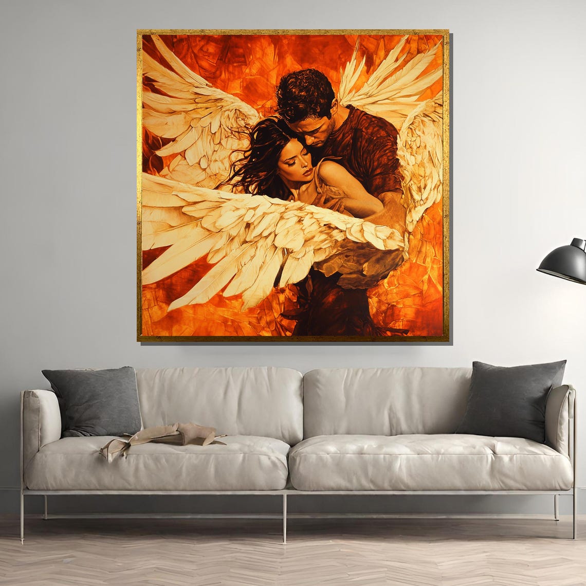 Angel Winged Lovers Embrace in Fiery Golden Sunset Glow Poster