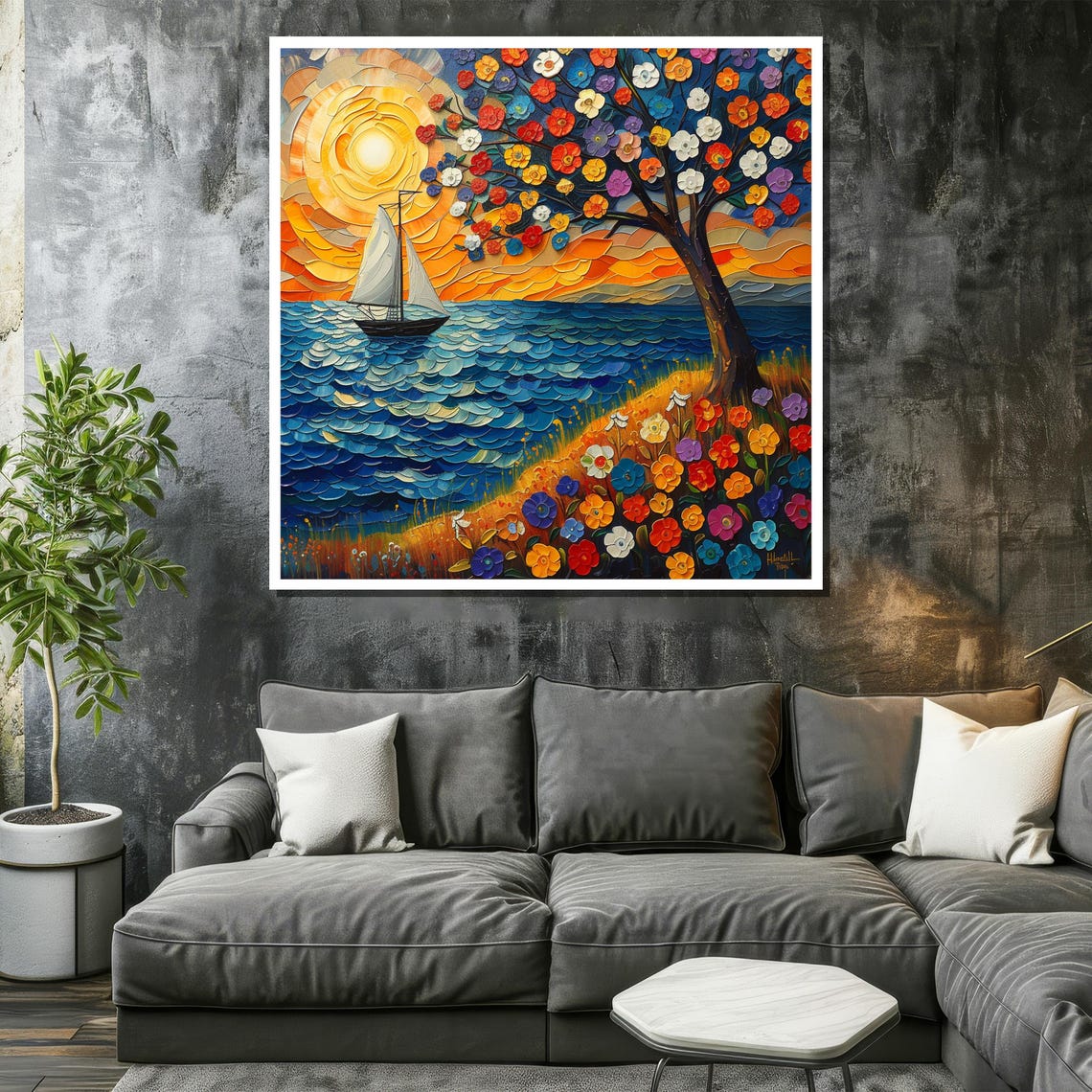 Sunset Sailboat Beside Blooming Flower Tree Impasto Art Poster - Image 2