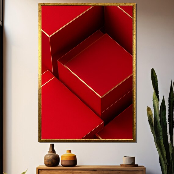 Luxury Red And Gold Wall Art Elegant Geometric Design Modern Minimalist Bold Abstract Decor Gift For Art Lovers
