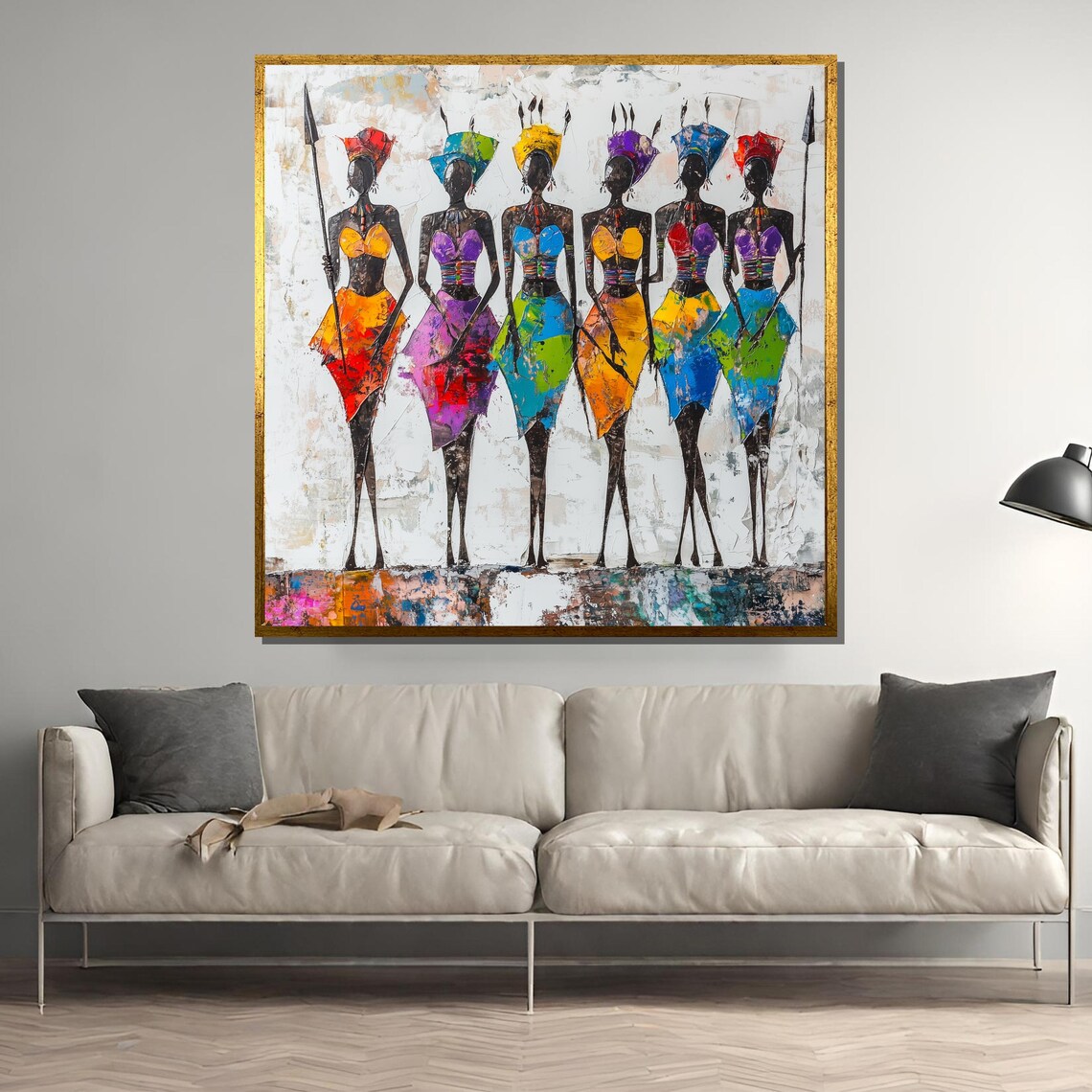 Vibrant African Women Painting Colorful Tribal Dress Wall Art For Cultural Expression And Unique Gift
