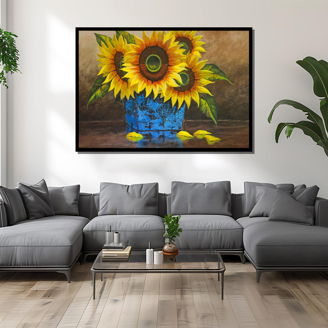 Bright Sunflowers In Blue Rustic Vase Cheerful Floral Wall Art - Image 4