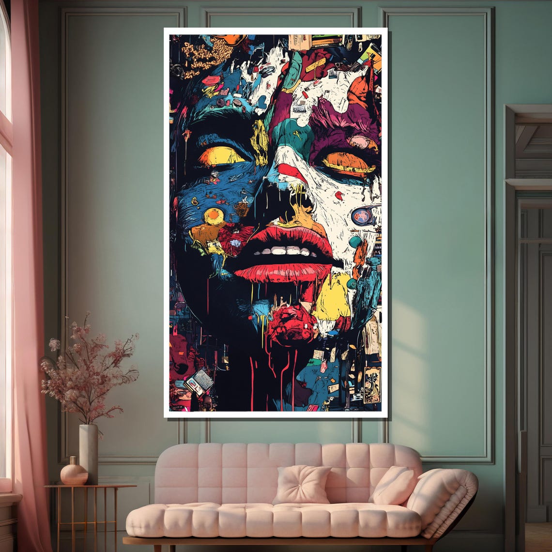 Abstract Pop Art Face Collage Blue Red Lips Street Style Poster - Image 2