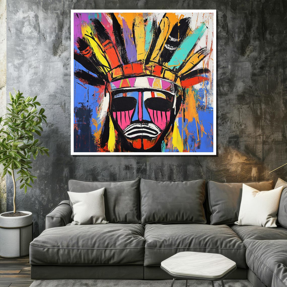 Tribal Headdress Painting Basquiat Graffiti Art Abstract Indigenous Wall Decor Bold Colorful Artwork Unique Statement Gift - Image 2