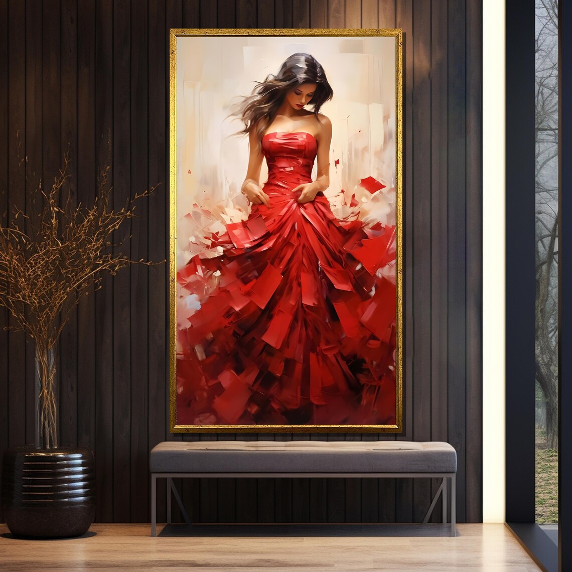 Elegant Lady in Flowing Red Dress Fashion Style Portrait Poster - Image 5