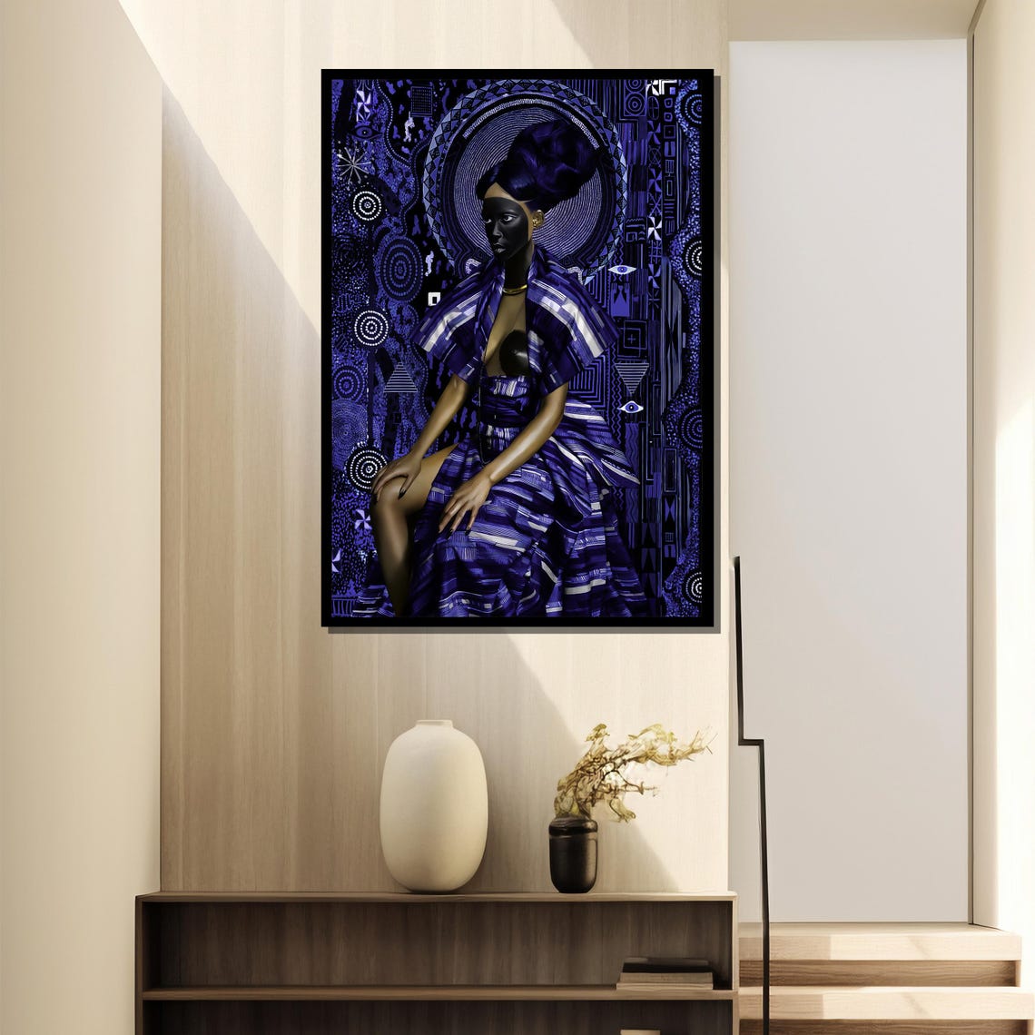 African Queen In Blue Robes With Tribal Pattern Backdrop Poster - Image 4