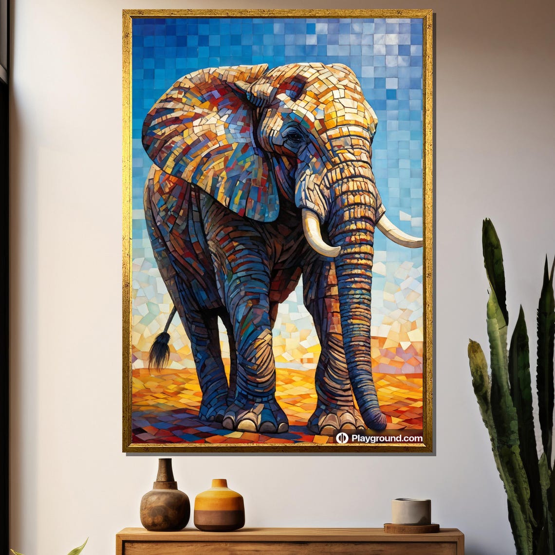 Mosaic Tile Elephant In Blue And Orange Stained Glass Style Art Poster