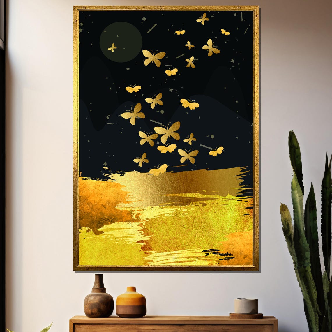 Golden Butterflies in Flight Over Black Night Sky with Moon Poster