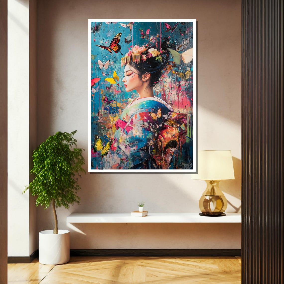Colorful Geisha Butterfly Painting Elegant Japanese Inspired Art Gift For Wall Decor Unique Home Accent - Image 2