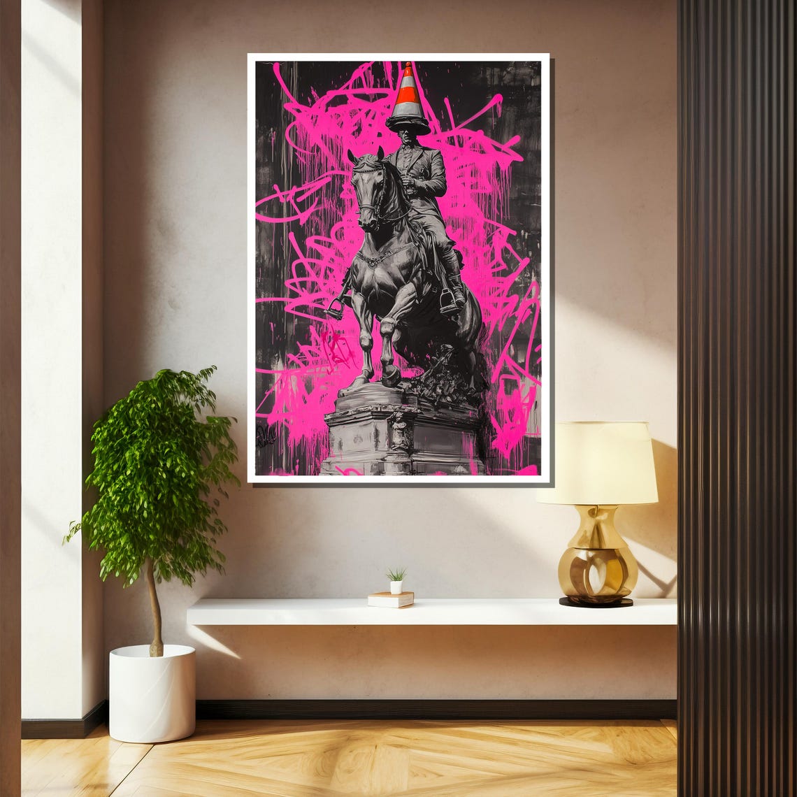 Equestrian Statue With A Traffic Cone On Pink Graffiti Poster - Image 2