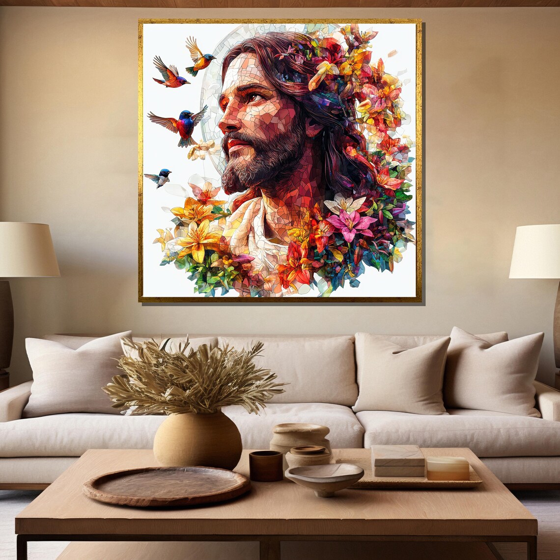 Colorful Stained Glass Jesus Portrait With Flowers and Birds Poster - Image 5