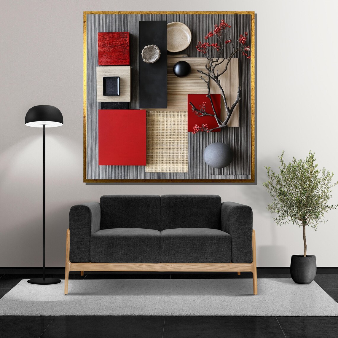 Japanese Minimalist Still Life with Red Blocks and Berry Branch Poster - Image 5