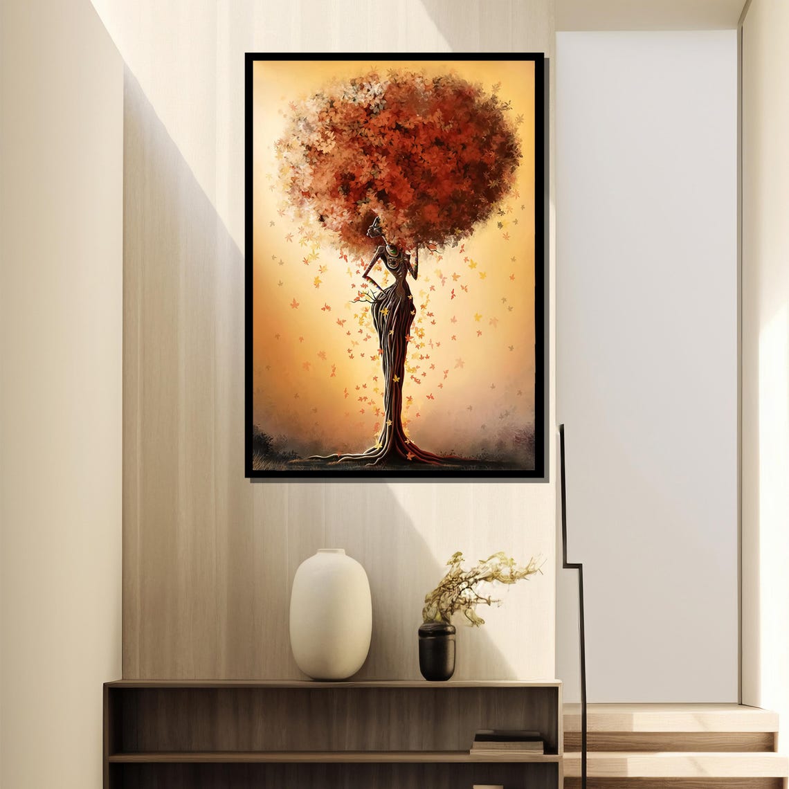 Elegant Autumn Tree Woman with Falling Leaves Nature Art Poster - Image 4