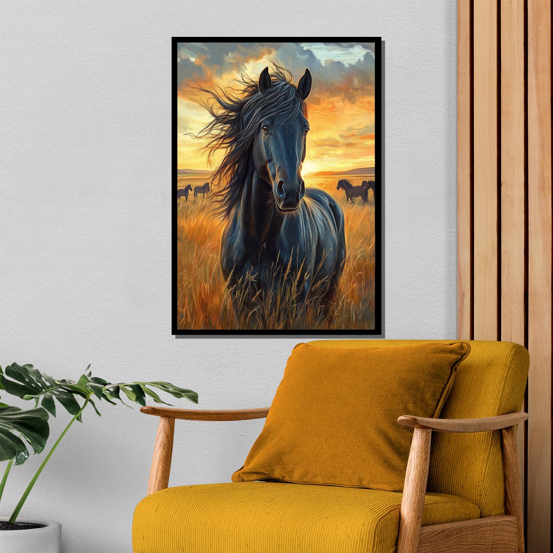 Majestic Black Horse At Sunset In A Golden Meadow Painting Poster - Image 4