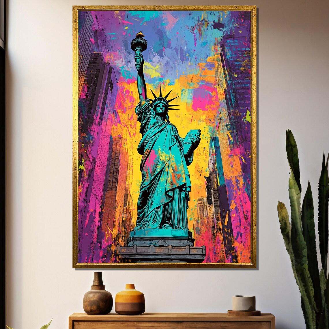 Neon Pop Art Statue Of Liberty Rising Above The NYC Skyline Poster