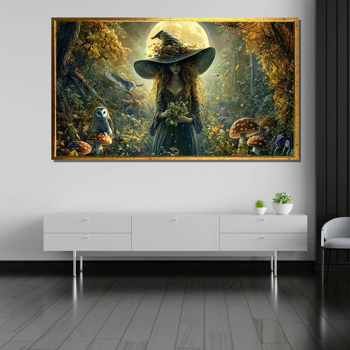 Woodland Witch Gathering Herbs with Owls Under Full Moon Poster - Image 5
