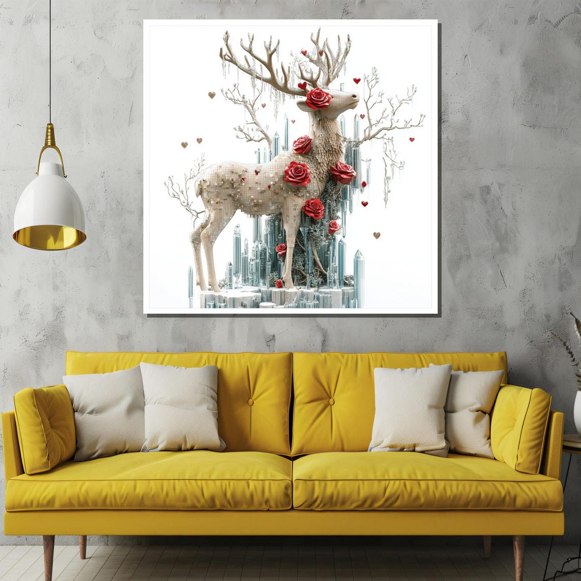 White Crystal Deer Adorned with Red Roses Ice Sculpture Art Poster - Image 2