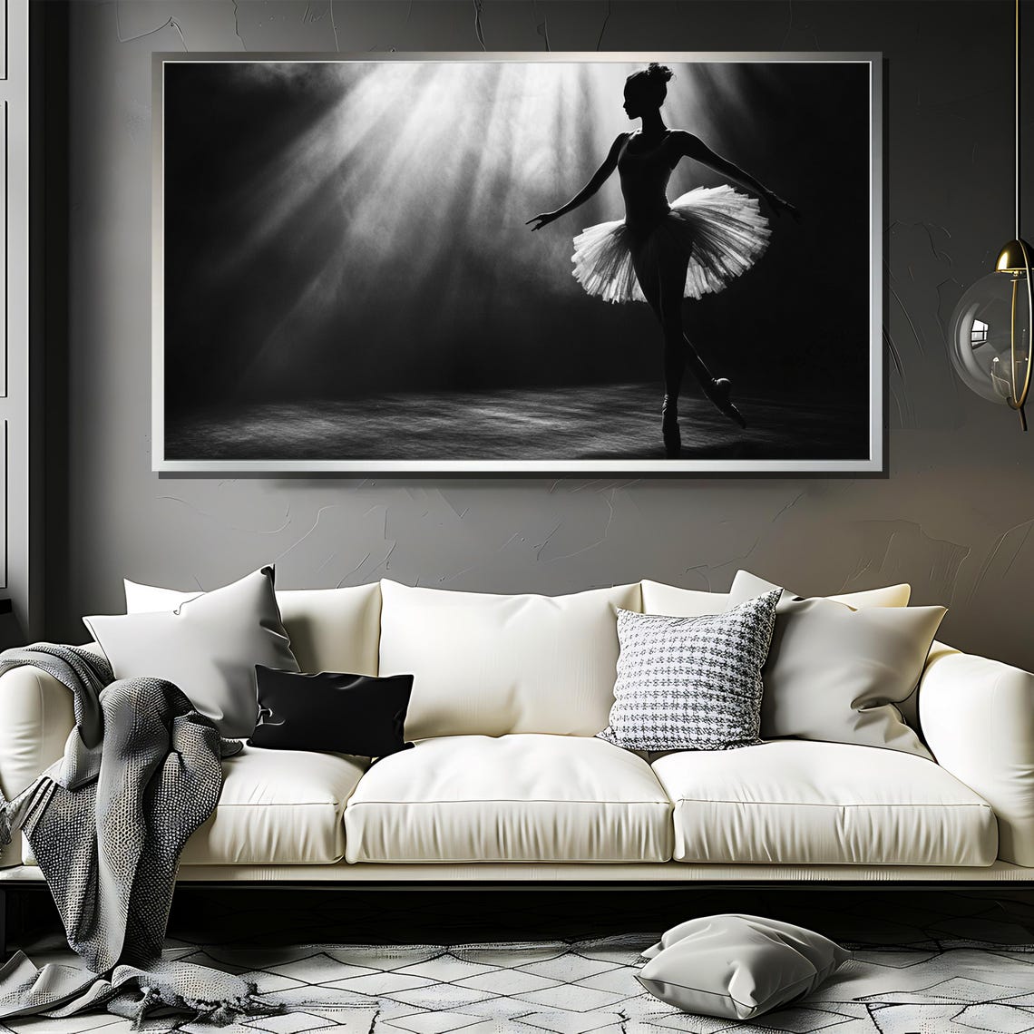 Graceful Ballerina In Spotlight Black And White Painting Celebrating Ballet Elegance Ideal Gift For Dance Lovers - Image 3