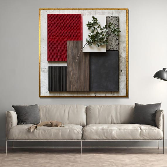 Industrial Modern Mood Board Wall Art Red Black And Wood Texture Minimalist Geometric Composition Bold Contemporary Decor Designers