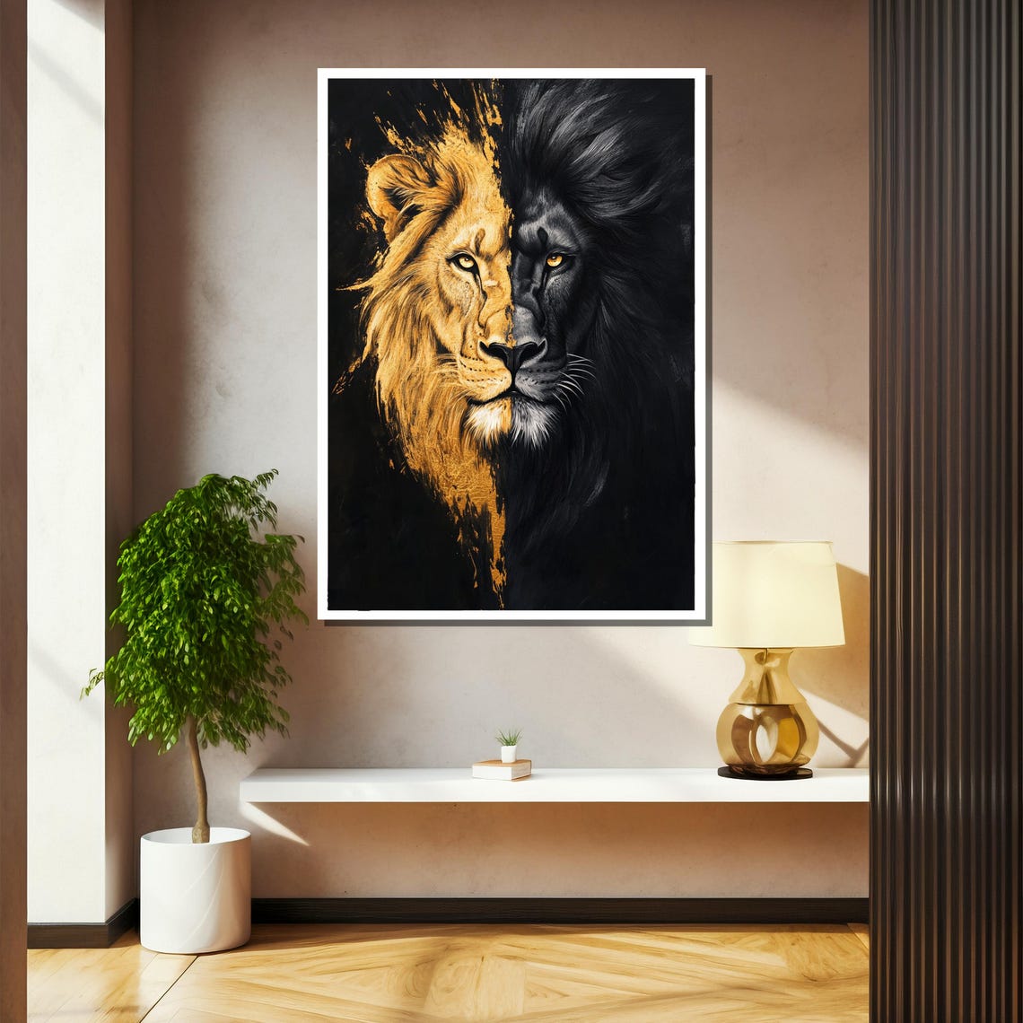 Dual Lion Face In Gold And Black Dramatic Split Portrait Art Poster - Image 2