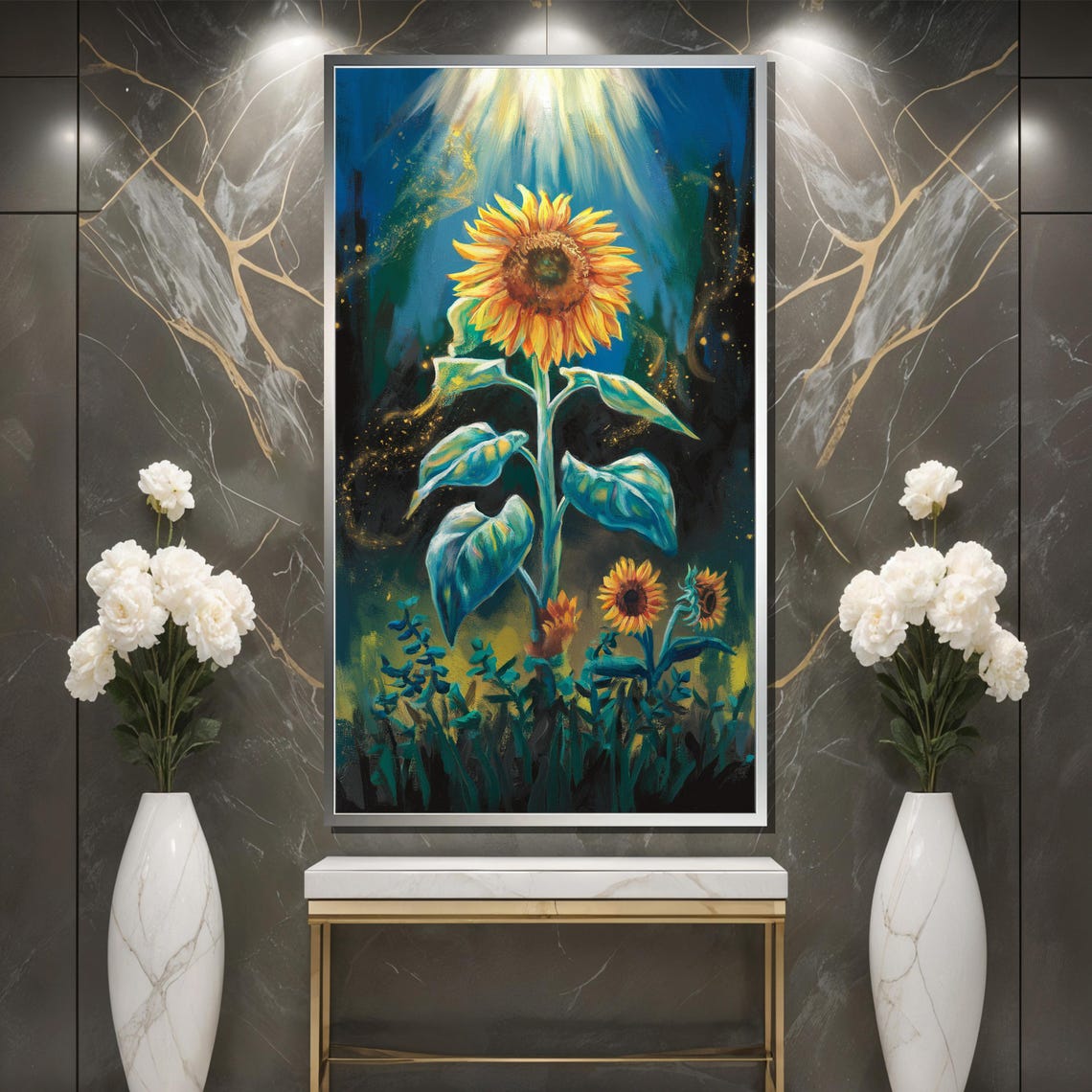 Radiant Sunflower Bathed in Golden Light Against Night Sky Poster - Image 3