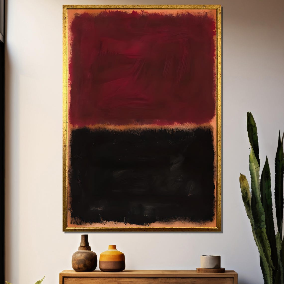 Deep Maroon Over Jet Black Blocks Modern Abstract Art Poster