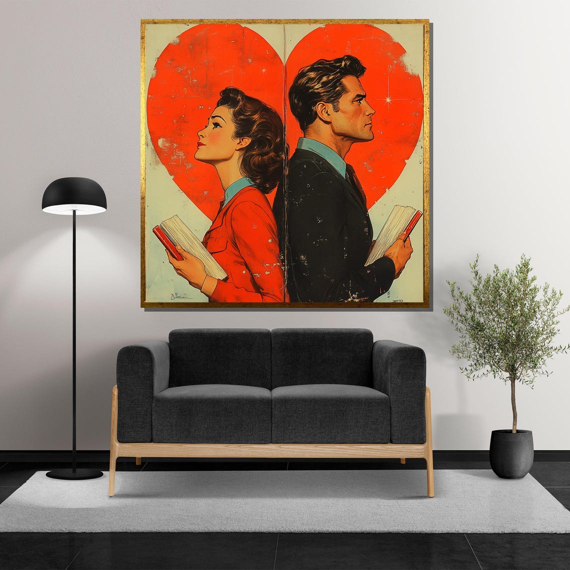 Retro 1950s Couple with Books in Front of Big Red Heart Poster - Image 5