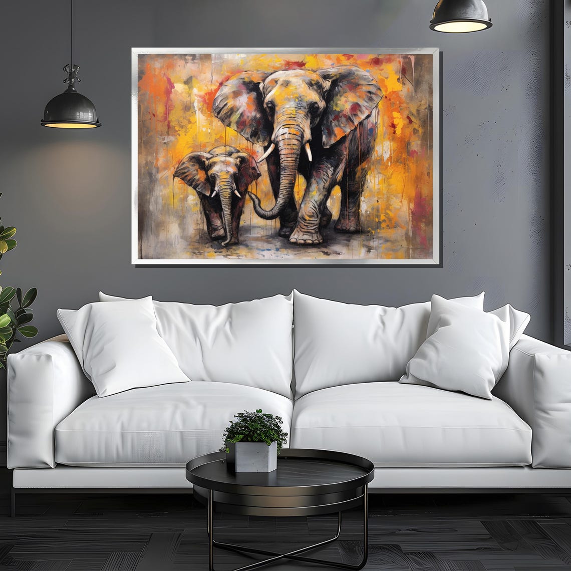 Two Elephants Mother And Baby Walking In Warm Orange Splash Art Poster - Image 3