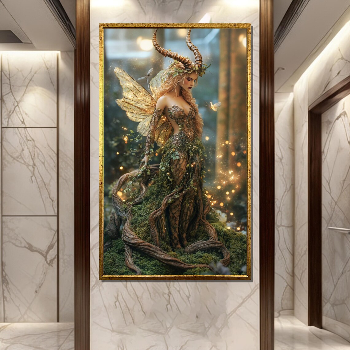 Antlered Forest Fairy with Golden Butterfly Wings Fantasy Art Poster