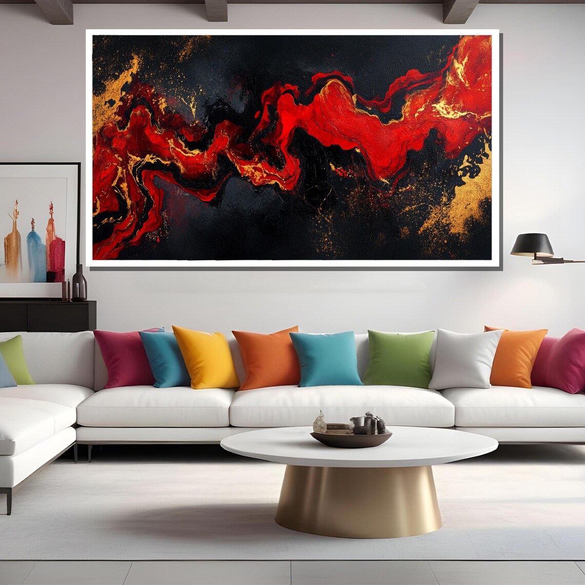 Elegant Red And Gold Abstract Painting, Modern Art Print - Image 2