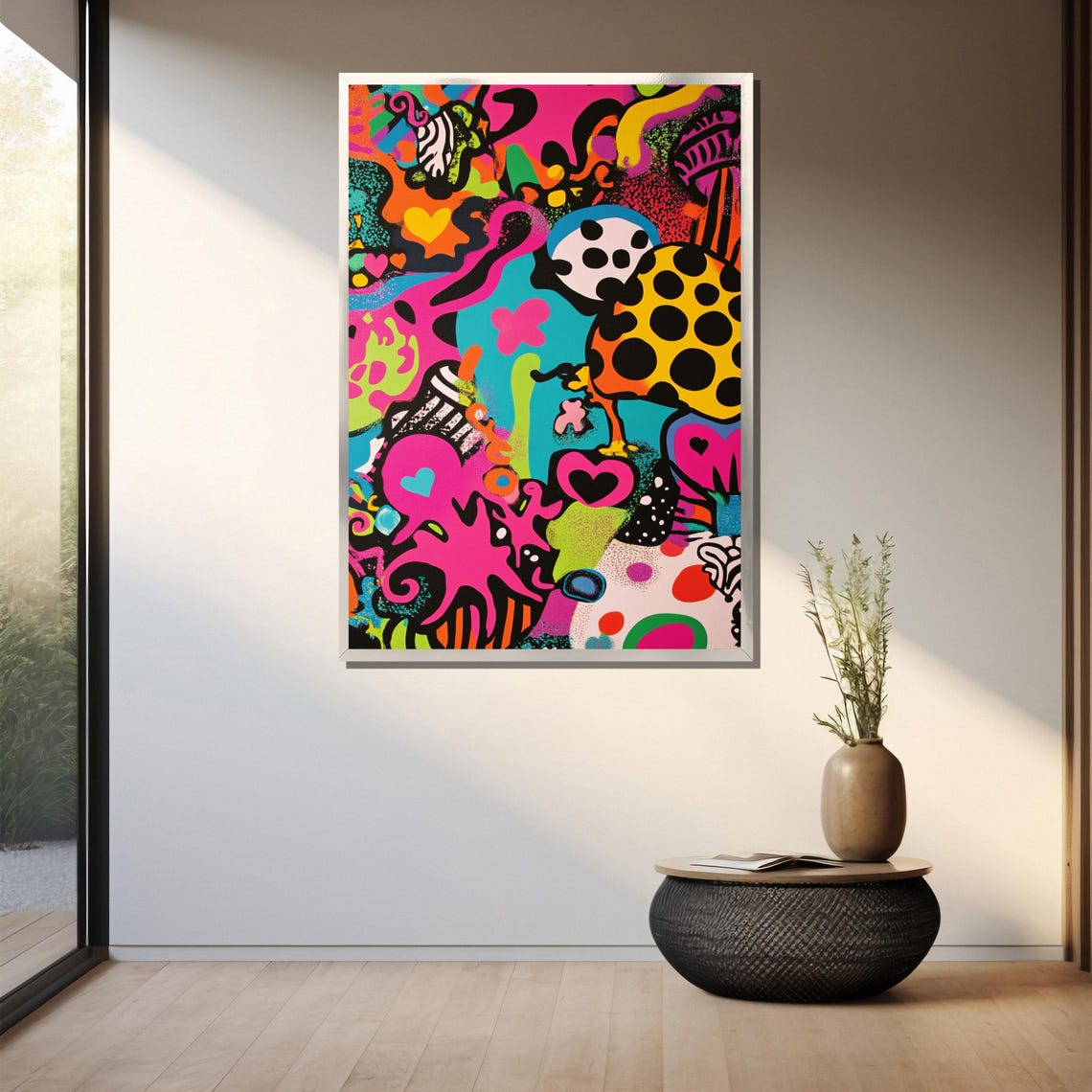 Neon Psychedelic Abstract with Hearts and Polka Dots Pop Art Poster - Image 3