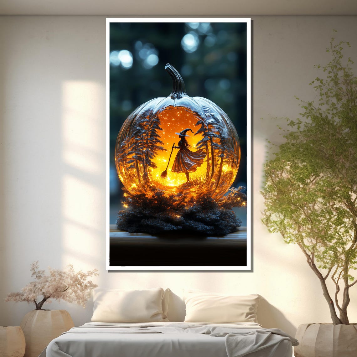Glowing Pumpkin Carving with Witch Scene Inside Halloween Art Poster - Image 2