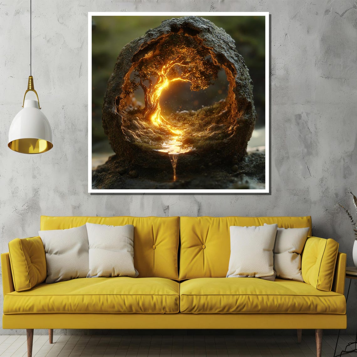 Glowing Golden Tree Inside Hollow Stone with Trickling Water Poster - Image 2