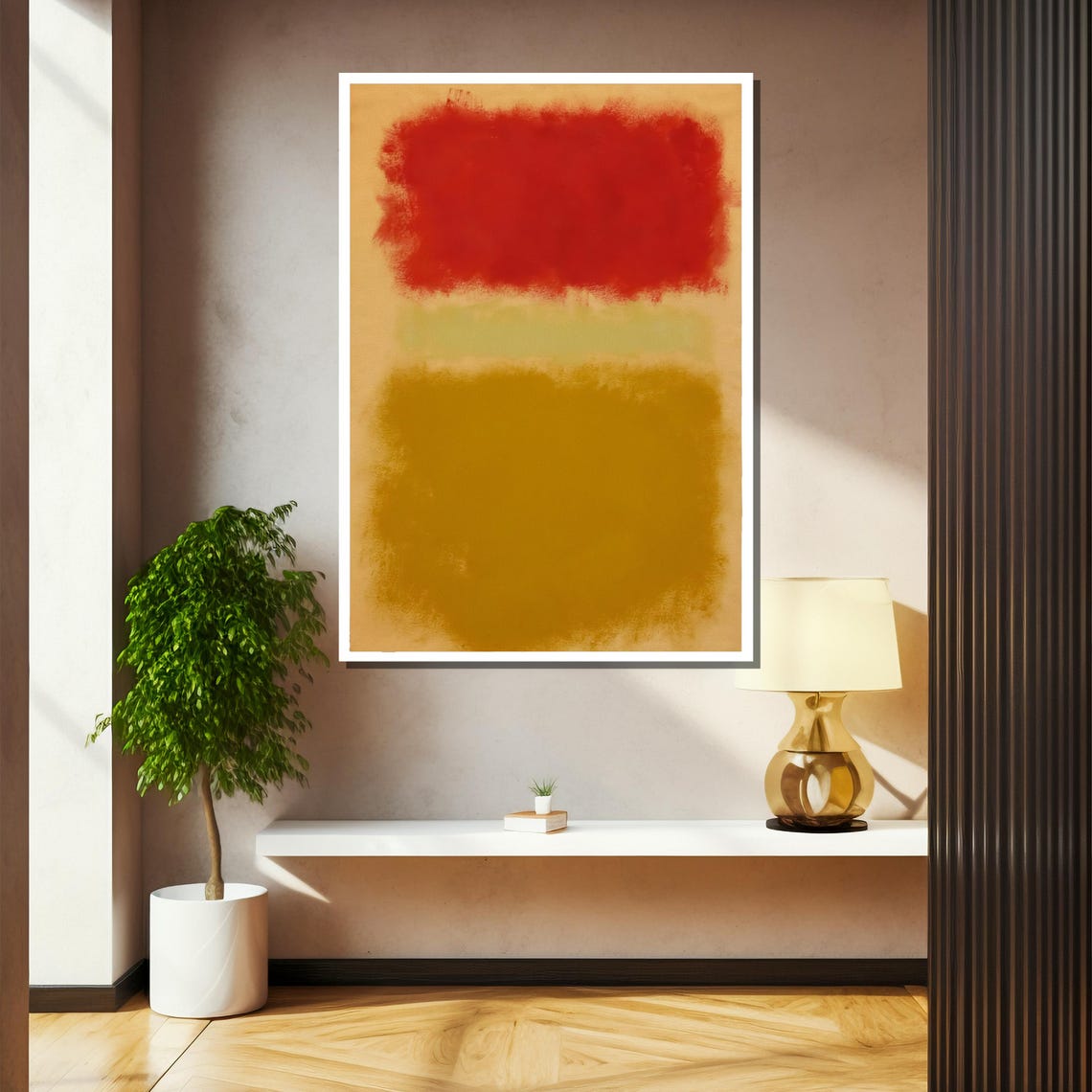 Vivid Red Floating Over Earthy Gold Abstract Color Field Poster - Image 2