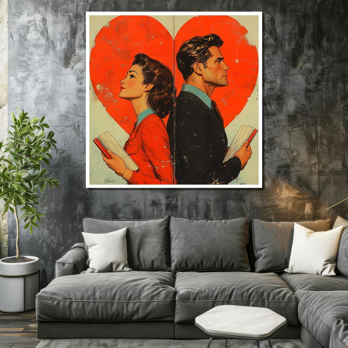 Retro 1950s Couple with Books in Front of Big Red Heart Poster - Image 2