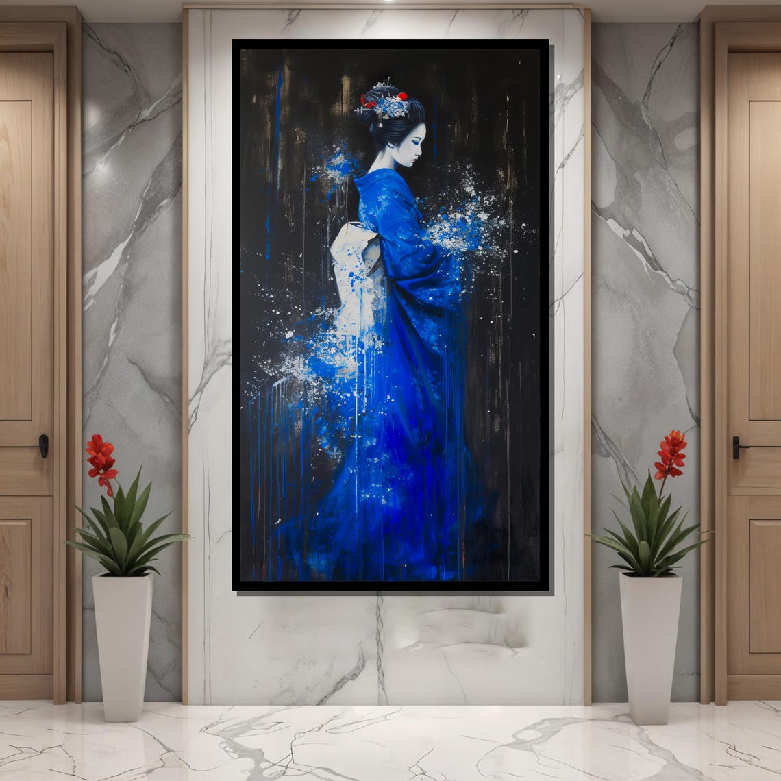 Elegant Geisha in Blue Kimono Emerging from Black Art Poster - Image 4