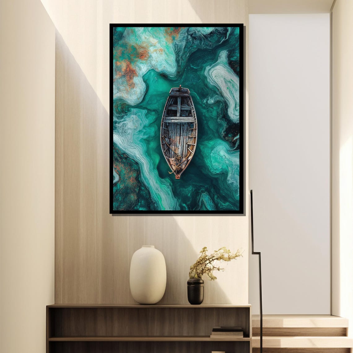 Weathered Wooden Boat On Swirling Emerald Waters Painting Art Poster - Image 4