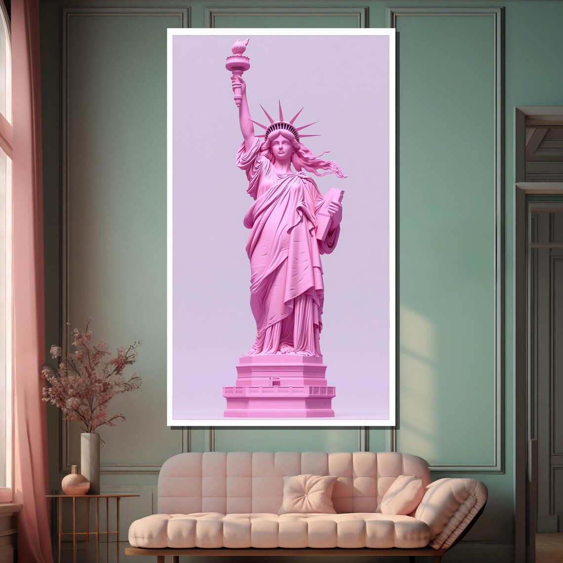 Pink Statue Of Liberty Against A Soft Lavender Sky Art Poster - Image 2