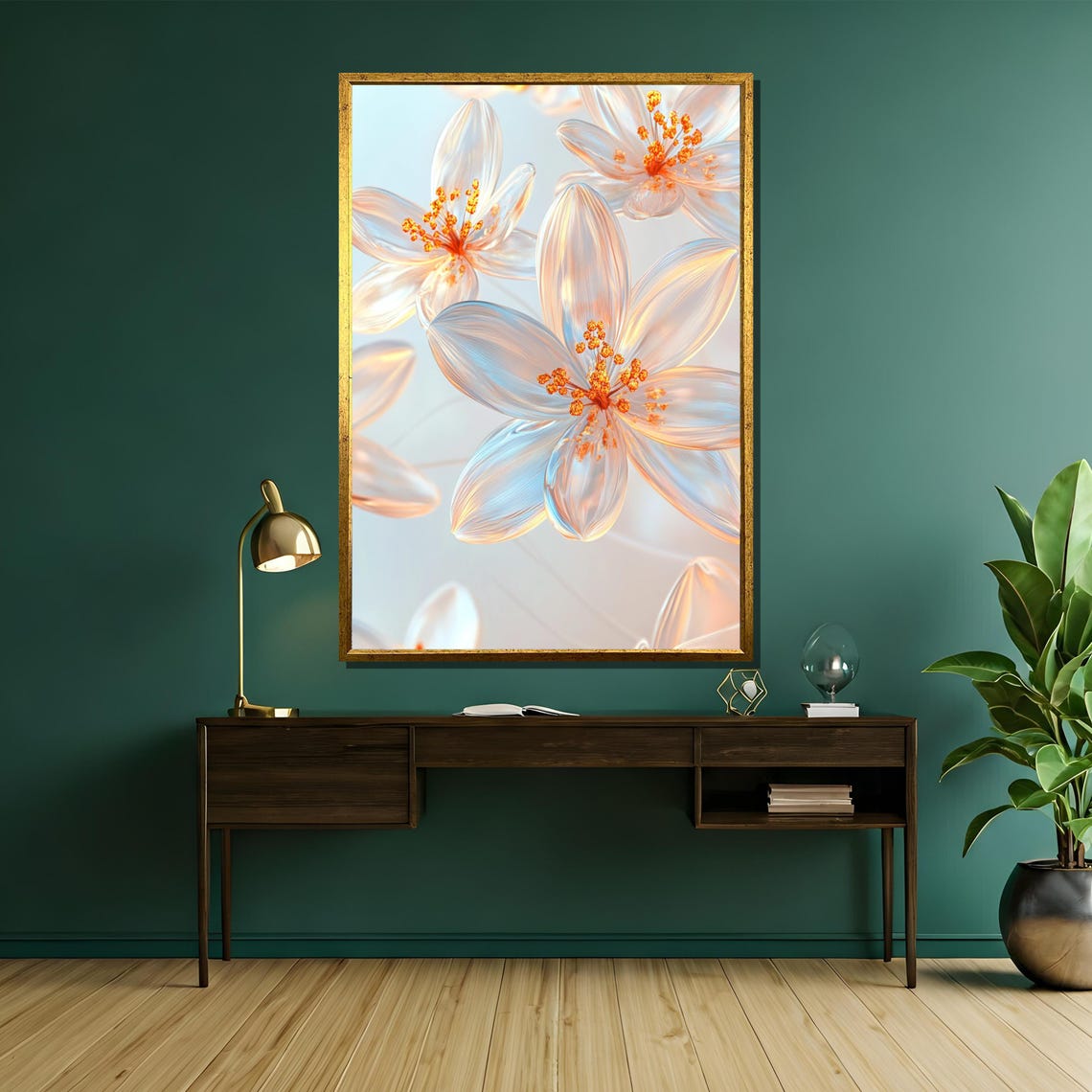 Translucent Glass Flowers with Glowing Orange Stamens Floral Poster - Image 5