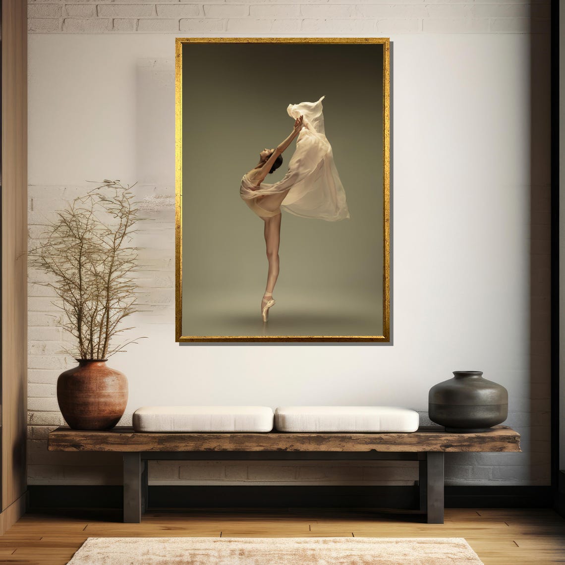 Ballerina On Pointe In White Flowing Fabric Studio Shot Poster - Image 5